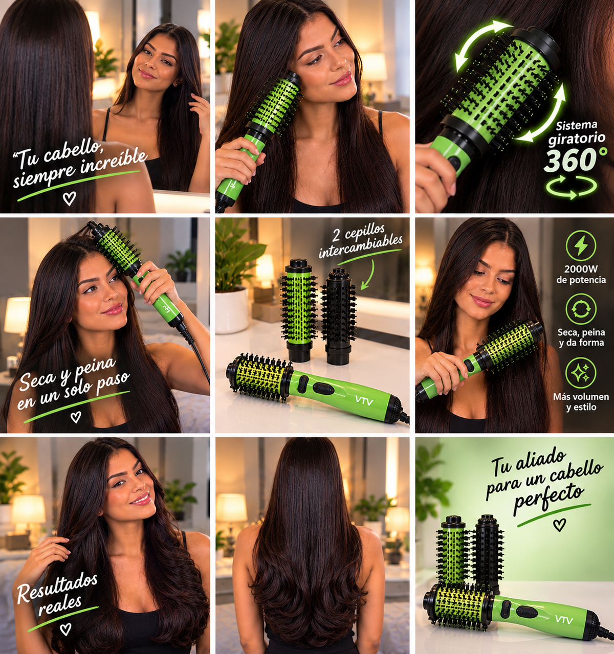 🥑 Cepillo Secador Giratorio 360° Aguacate – 2000W + 2 Cepillos